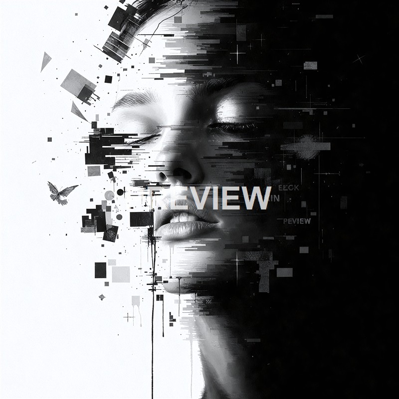 A black and white digital artwork of a woman's face with closed eyes, partially disintegrating into geometric shapes and glitch effects, with a butterfly and abstract elements surrounding her.
